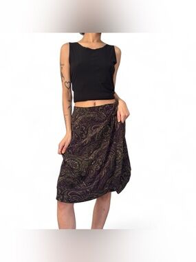 Vintage 100% Silk Purple & Green Paisley Midi Skirt by Georgiou Studios
